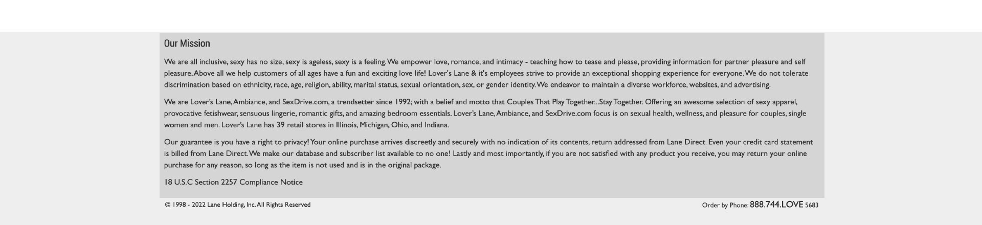 Our Mission Statement -  1998 - 2022 Lane Holdings, Inc., All Rights Reserved. - Order by Phone: 888.744.LOVE 5683