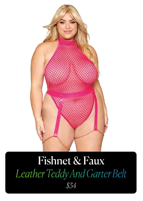 Fishnet And Faux-Leather Plus Size Teddy And Garter Belt - $34