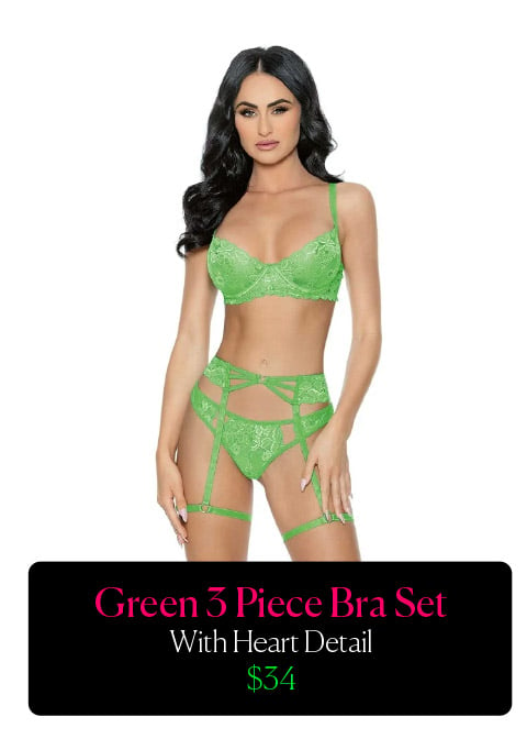 Green 3 Piece Bra Set With Heart Detail $34
