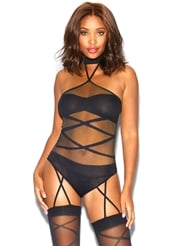 Front view of SHEER CRISS CROSS TEDDY STOCKING