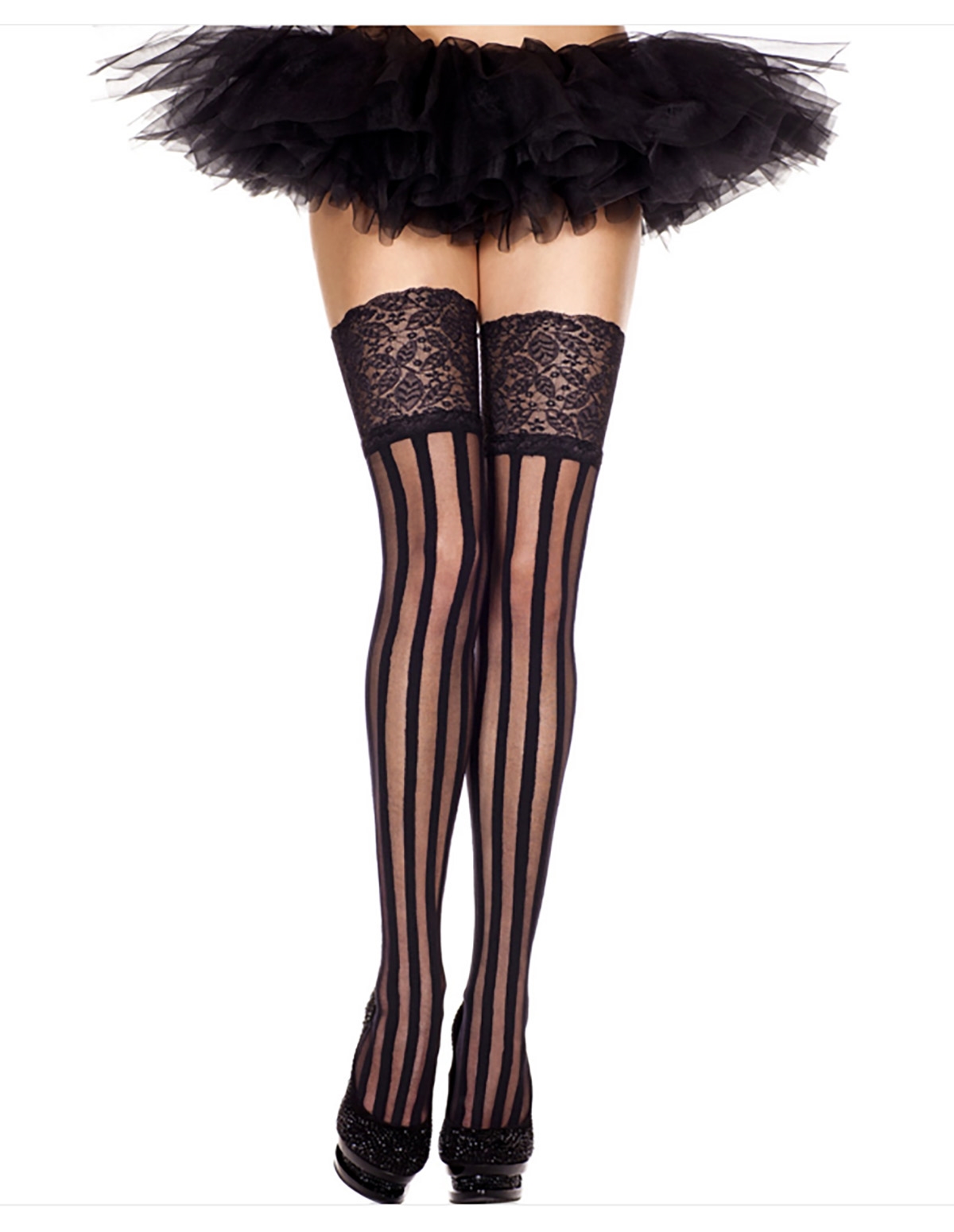 alternate image for Sheer Stripe Thigh High With Lace Top