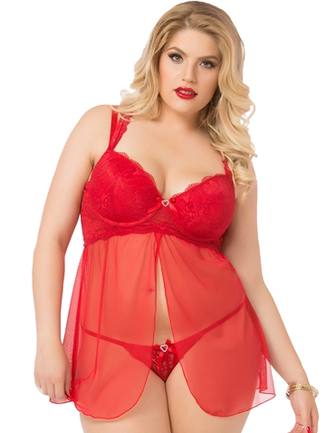 Heart Flyaway Babydoll With Thong default view Color: RD