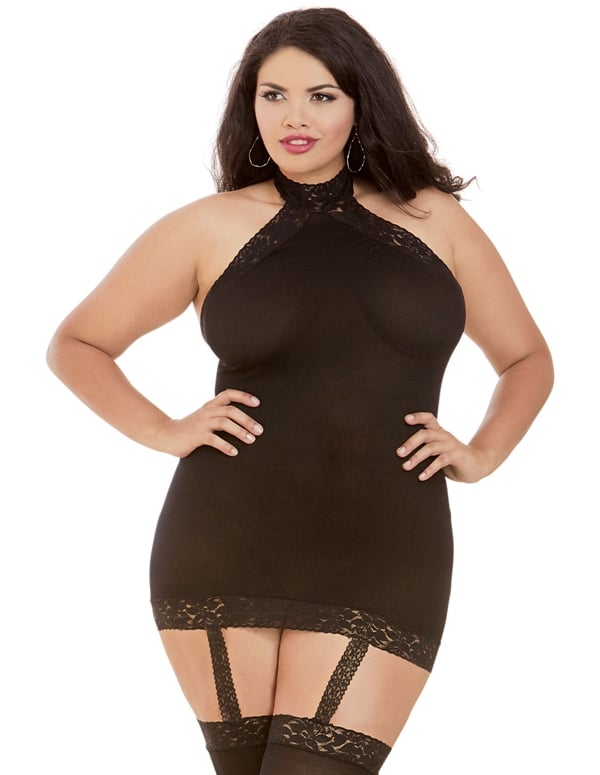 Sexy Opaque Halter Dress With Stockings default view Color: BK