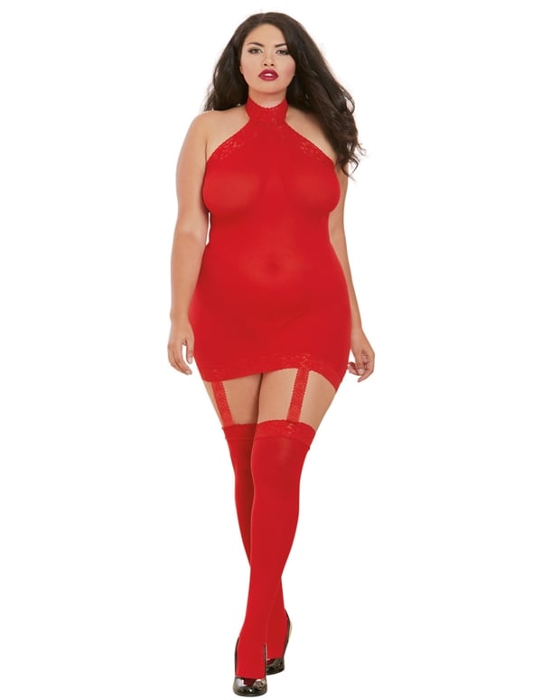 Sexy Opaque Halter Dress With Stockings ALT2 view Color: RD