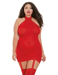 Front view of SEXY OPAQUE HALTER DRESS WITH STOCKINGS