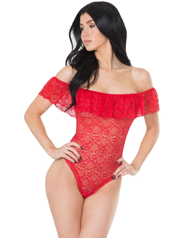 Lace Off-The-Shoulder Ruffle Teddy default view Color: RD