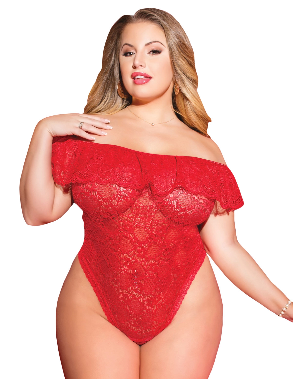 alternate image for LACE OFF-THE-SHOULDER RUFFLE TEDDY