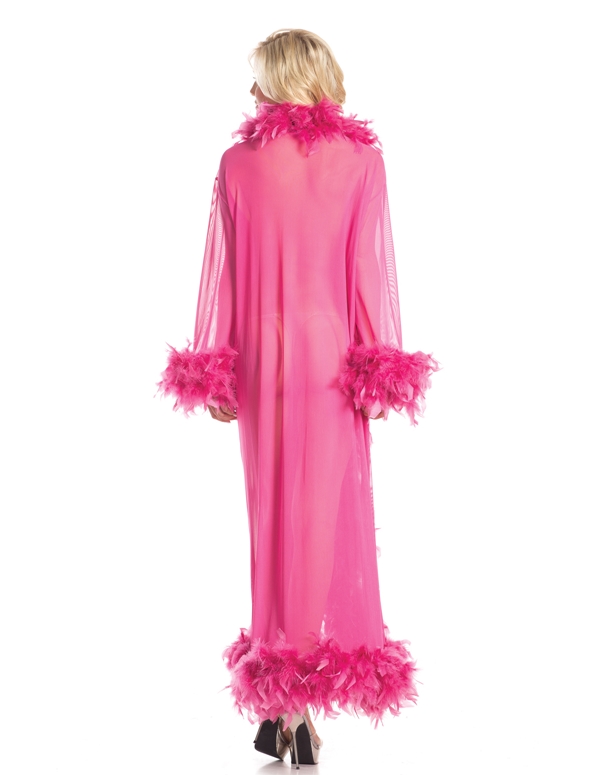 Sheer Full Length Robe With Feather Trim ALT2 view Color: HP