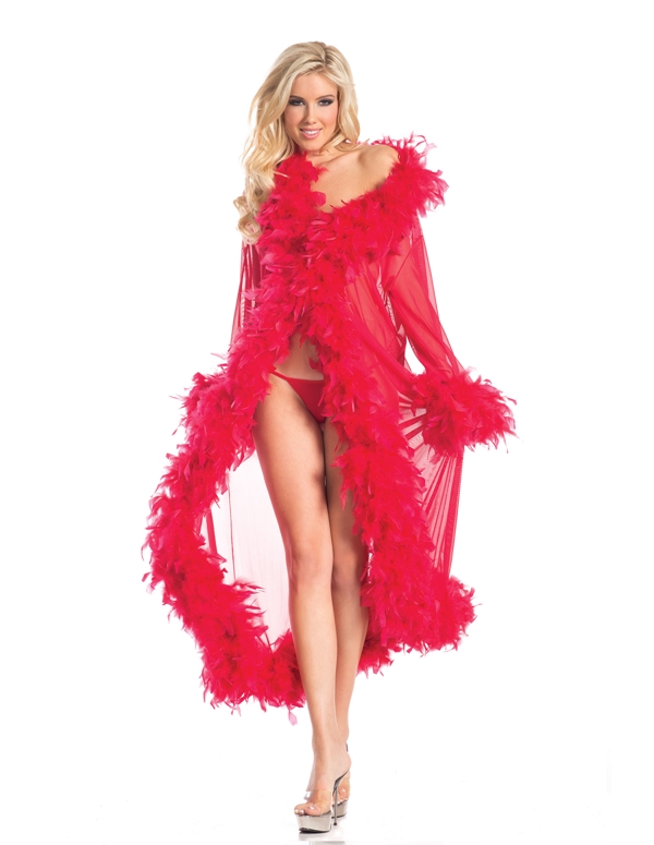 Sheer Full Length Robe With Feather Trim default view Color: RD