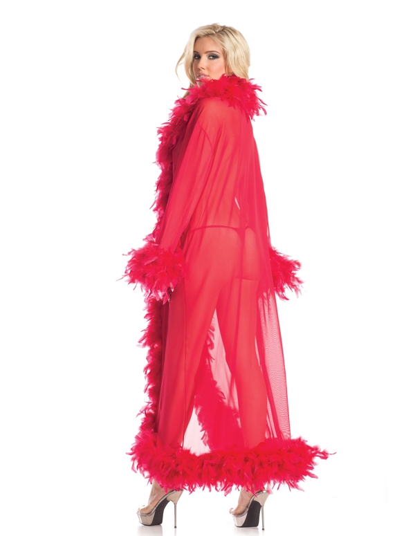 Sheer Full Length Robe With Feather Trim ALT1 view Color: RD