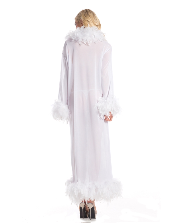 Sheer Full Length Robe With Feather Trim ALT1 view Color: WH
