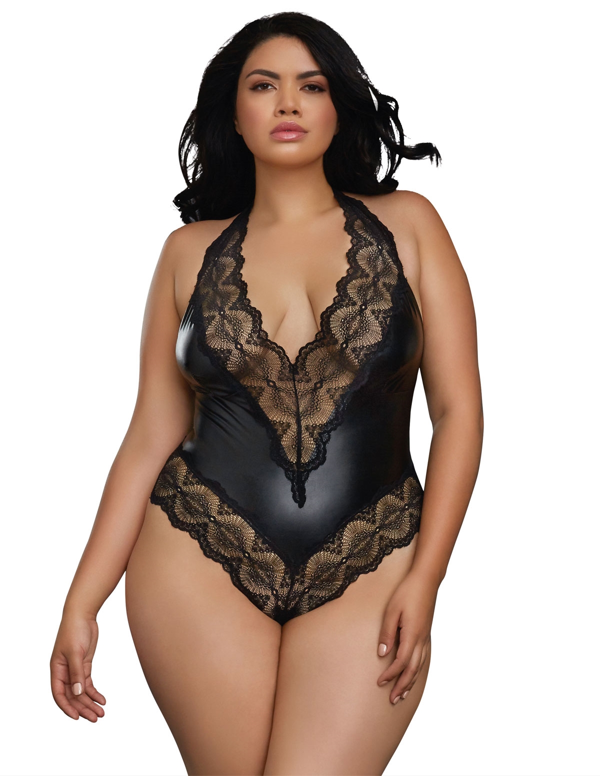alternate image for LACE TRIMMED WET LOOK TEDDY