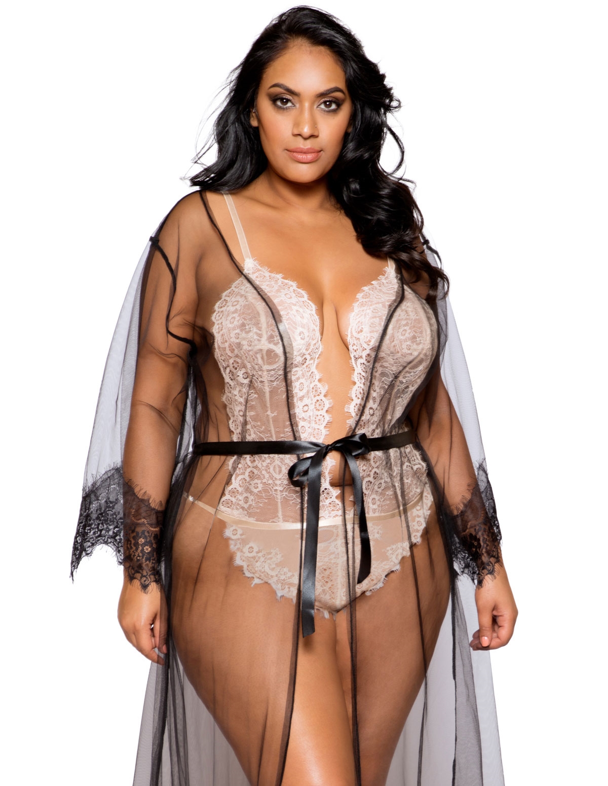 alternate image for Barely There Long Sheer Black Plus Size Robe.