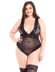 Front view of LEOPARD MESH AND LACE TEDDY