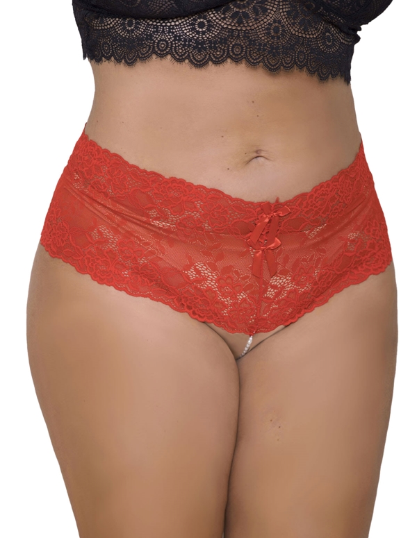 Lace & Open Crotch Pearl String Boyshort ALT1 view Color: RD