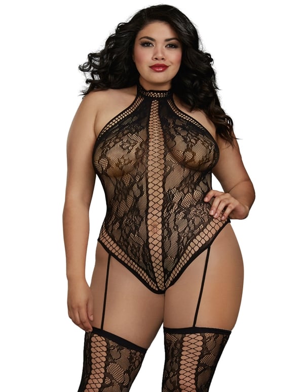 Floral And Cut Outs Teddy Body Stocking default view Color: BK