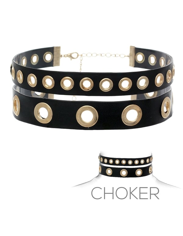 2 Row Leatherette Choker With Grommets default view Color: BKG