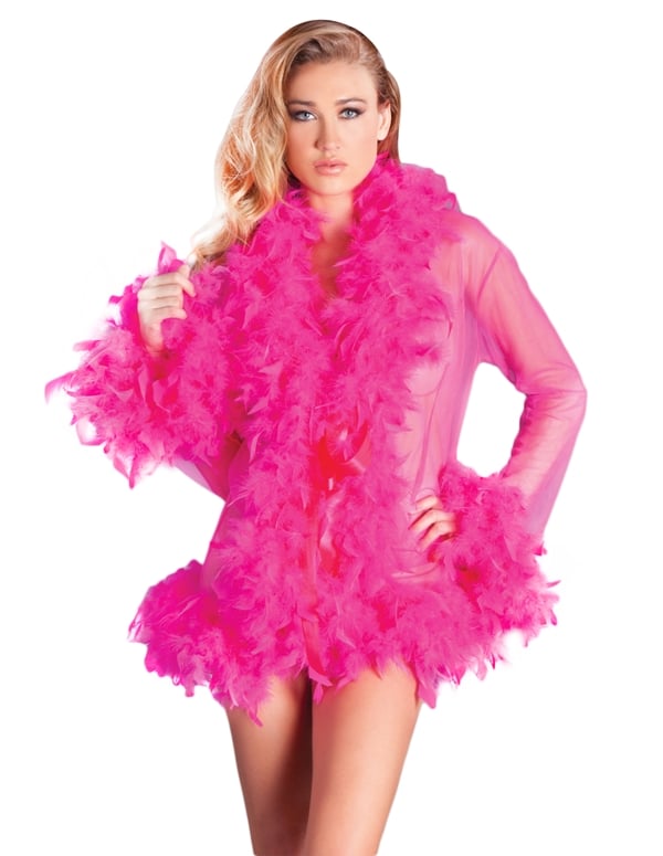 Sheer Short Robe With Feather Trim default view Color: HP