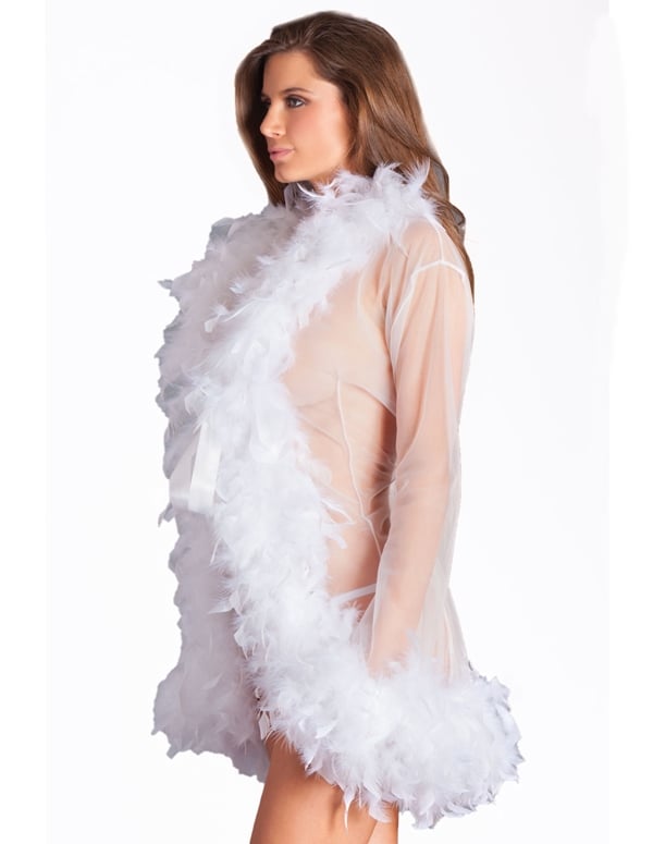 Sheer Short Robe With Feather Trim ALT view Color: WH