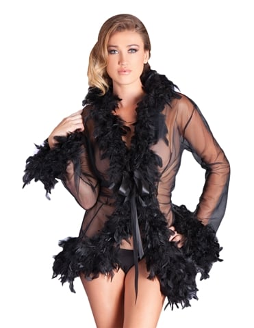SHEER SHORT ROBE WITH FEATHER TRIM - BW834S-05946