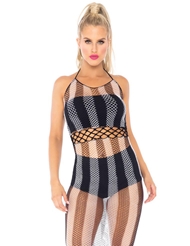 Front view of STRIPED FISHNET HALTER DRESS