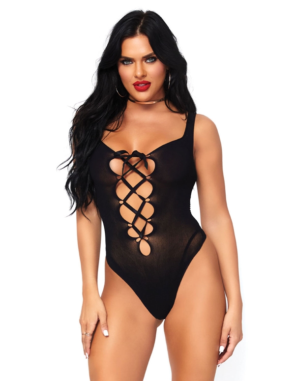 Opaque Lace Up Thong Teddy default view Color: BK