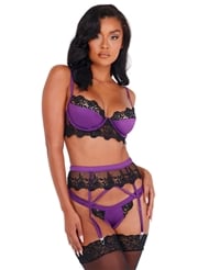 Front view of 3PC EMBROIDERED BRALETTE GARTER SET