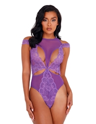 Front view of LACE AND MESH CUTOUT TEDDY
