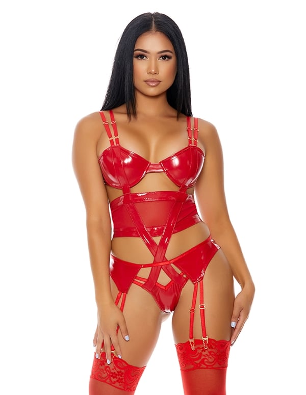 Double The Mesh Teddy And Garter Belt default view Color: RD