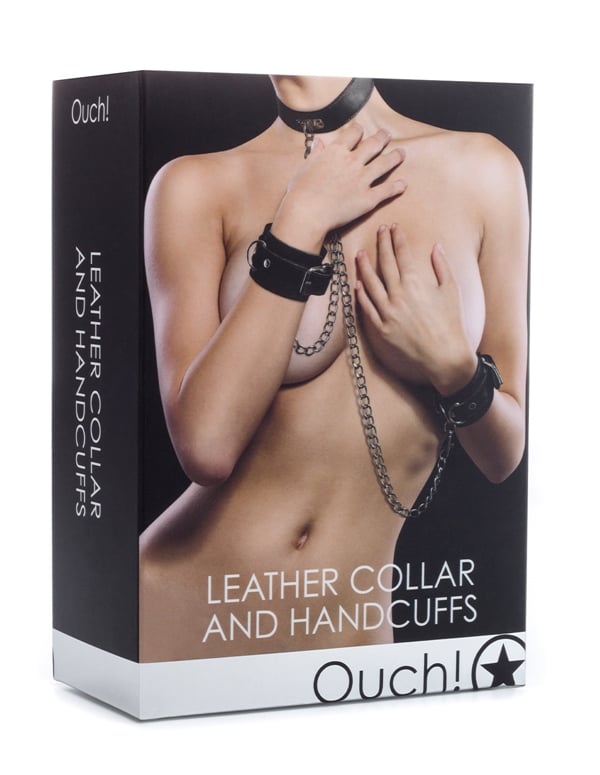 Ouch Leather Collar And Handcuffs ALT1 view Color: BK