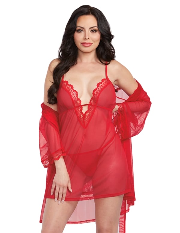 Sheer Lace Trim Chemise And Robe Set default view Color: RD