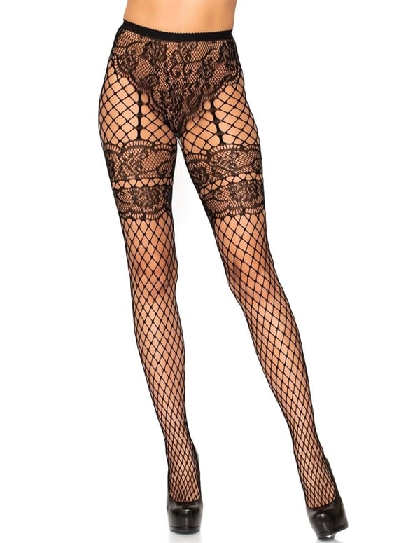 Lace French Cut Faux Garter Industrial Net Tights default view Color: BK