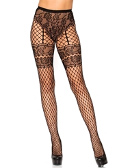 Front view of LACE FRENCH CUT FAUX GARTER INDUSTRIAL NET TIGHTS