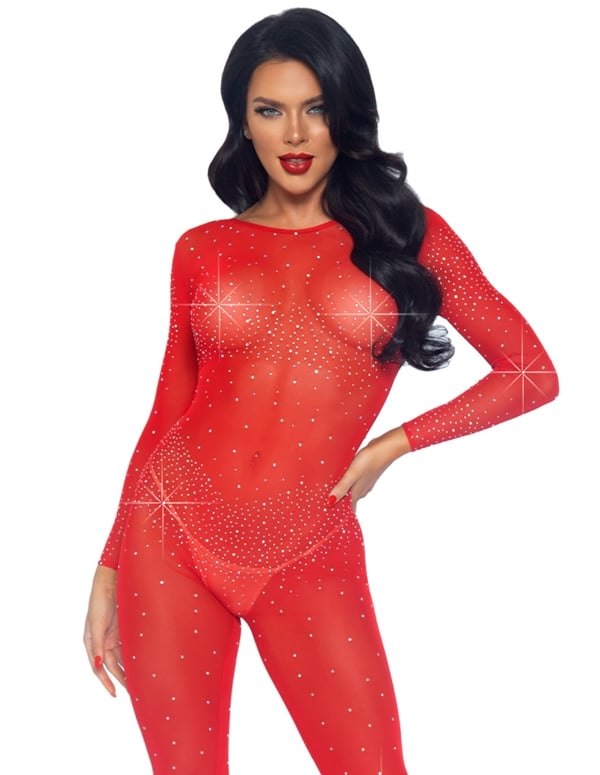 Sheer Rhinestone Catsuit default view Color: RD