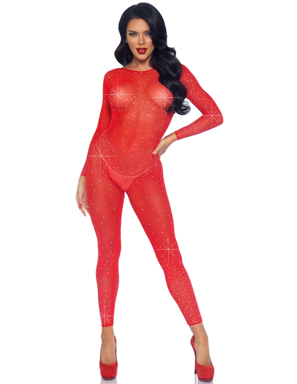 Sheer Rhinestone Catsuit ALT view Color: RD