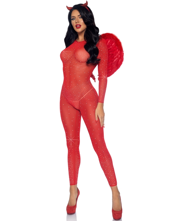 Sheer Rhinestone Catsuit ALT2 view Color: RD