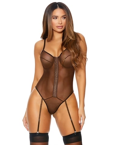 CHOCOLATE BUSTIER TEDDY WITH GARTERS - 771649-C-04035