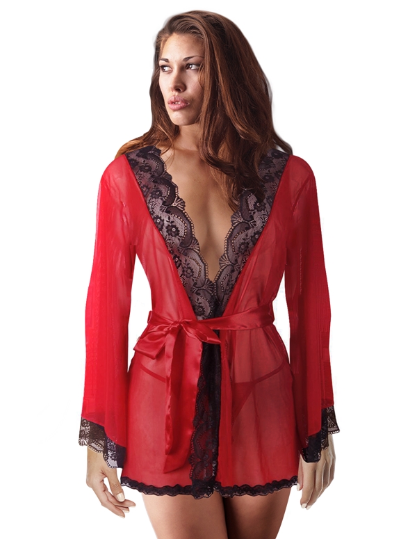 Bell Sleeve Lace Trim Robe default view Color: RD