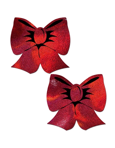 PASTEASE HOLOGRAPHIC RED BOW PASTIES - BOW-HOL-RD-BK-04109