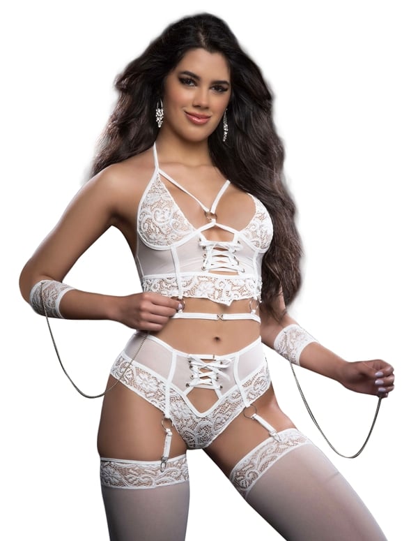 4Pc Strappy White Bustier With Garter Boyshort default view Color: WH