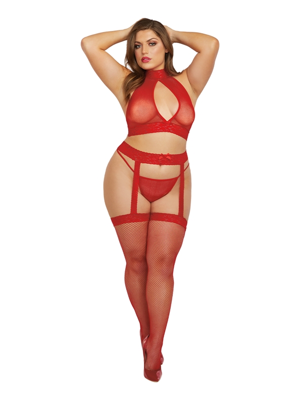 3PC FISHNET HALTER BRALETTE AND GARTER SET ALT view Color: RD