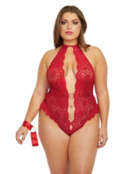 Front view of PLUNGING LACE TEDDY WITH HEART DETAIL AND RESTRAINTS