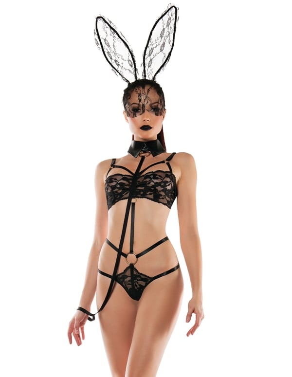 Bunny Lace Playsuit With Collared Leash default view Color: BK