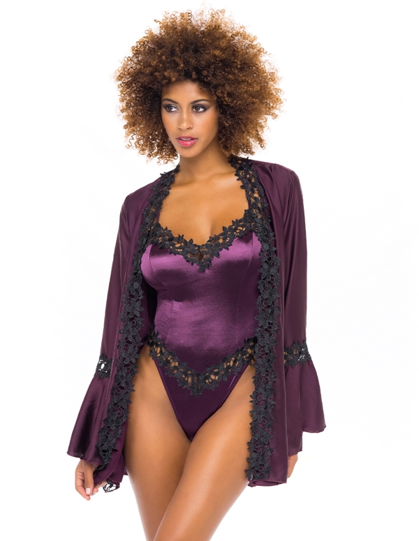 Thea Embroidered Trim Bell Sleeved Robe ALT view Color: BLKPL