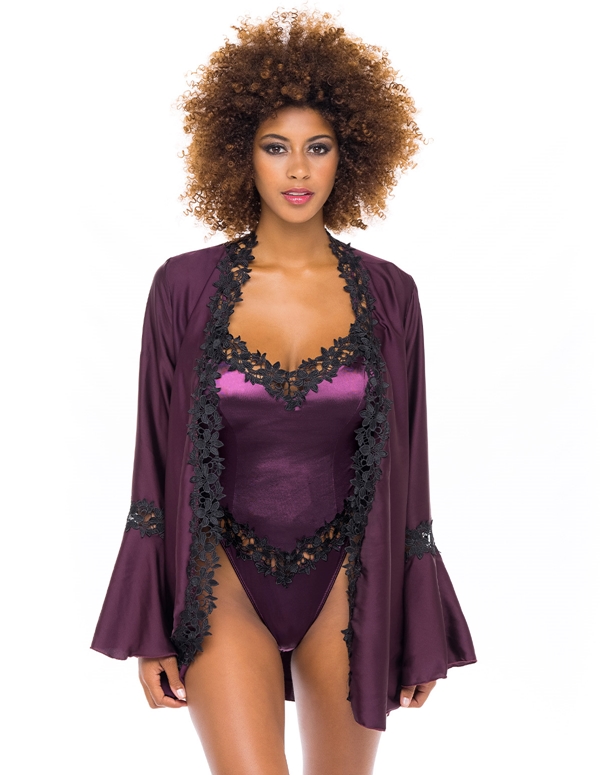 Thea Embroidered Trim Bell Sleeved Robe ALT3 view Color: BLKPL