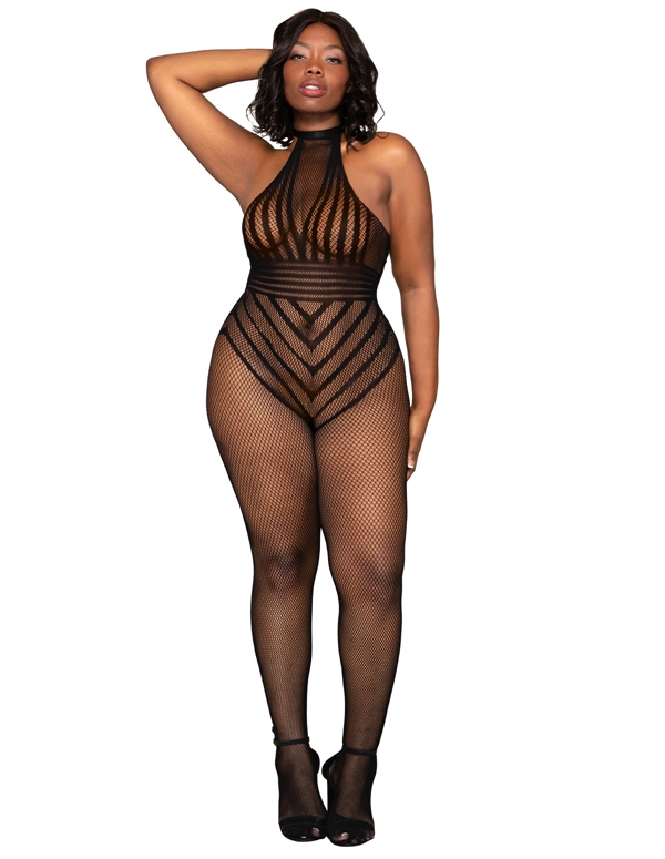 Fishnet Plus Size Bodystocking With Striped Teddy Design ALT2 view Color: BK