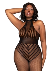 Front view of FISHNET PLUS SIZE BODYSTOCKING WITH STRIPED TEDDY DESIGN