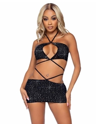 Front view of 2PC RHINESTONE KEYHOLE BANDAEU TOP AND SKIRT
