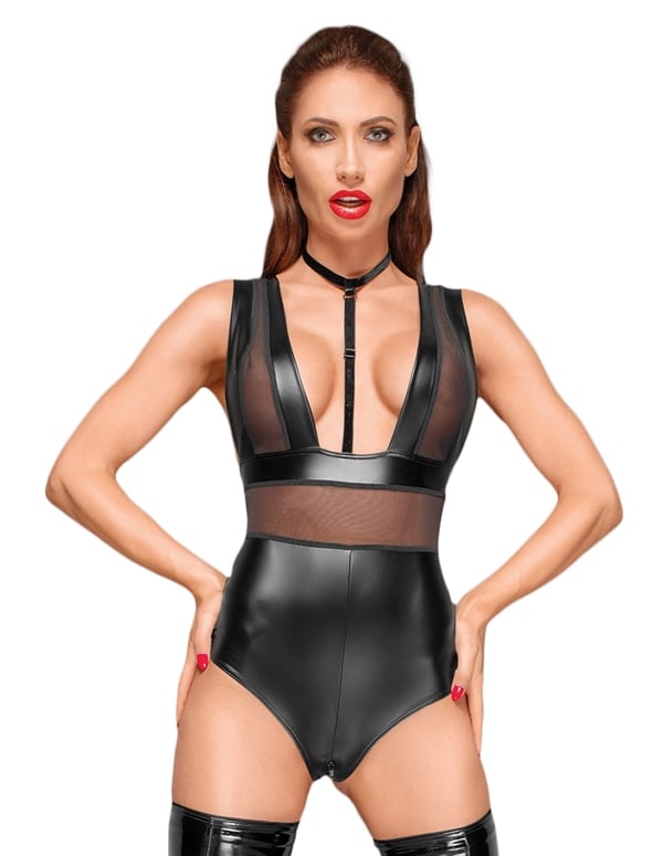 Wetlook And Mesh Teddy With Choker default view Color: BK