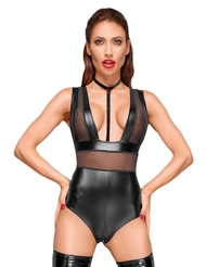 Front view of WETLOOK AND MESH TEDDY WITH CHOKER